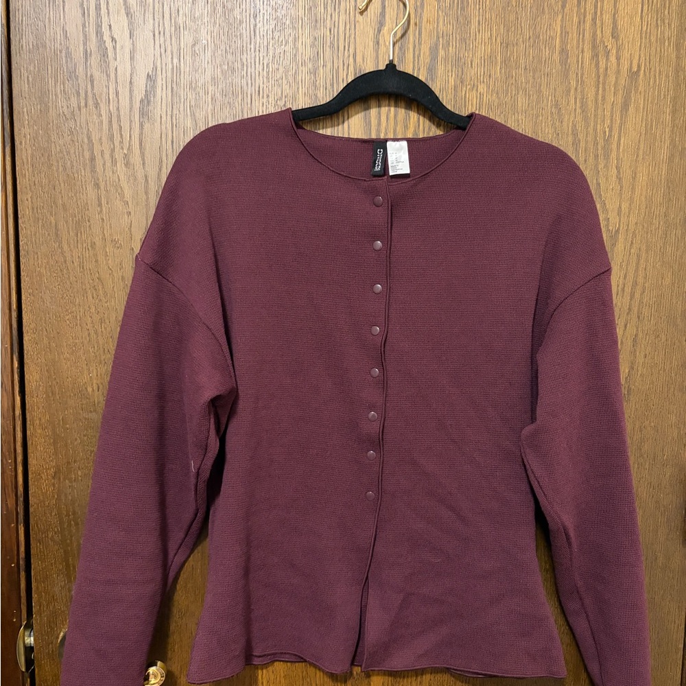 Burgundy Button-Up Cinched Waist Cardigan
